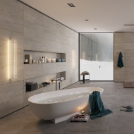 Contemporary bathroom LED lighting featuring the Temple Pillar Light by Leverint Lighting