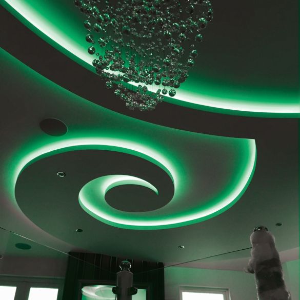 Cove and ceiling illuminated by green coloured LED linear strip lighting