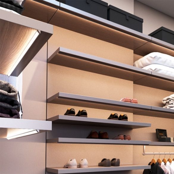 Wardrobe shelving illuminated by white coloured Side View Asymmetric LumiFlex (Linear Neon) lighting